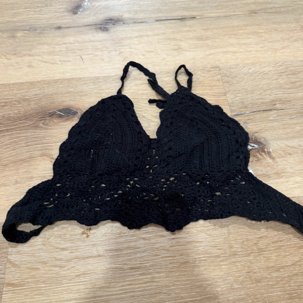 Anemone Black Crochet Halter Bralette Top One Size Boho Cotton HD2015